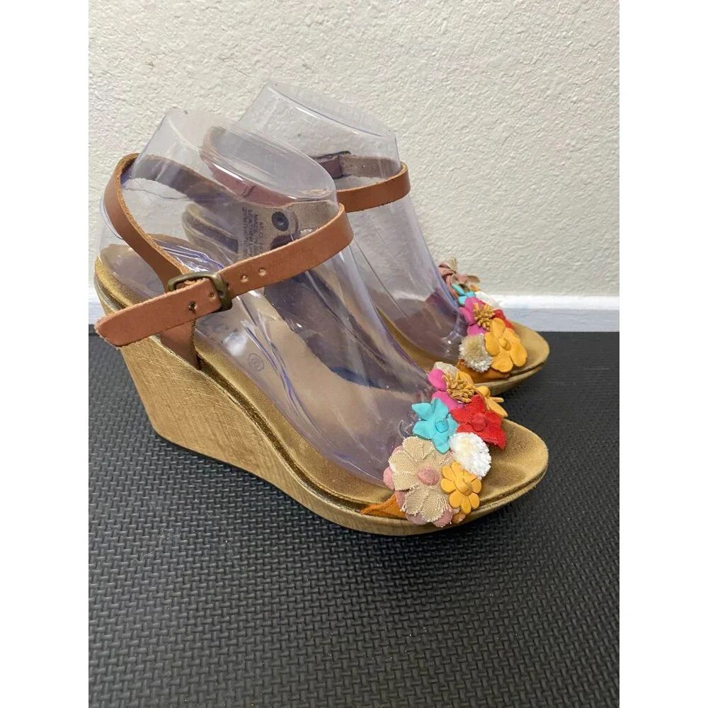 Bios Step Leather Fabric Flower‎ Wedge Sandals Brown Size 8.5 Whimsical Feminine